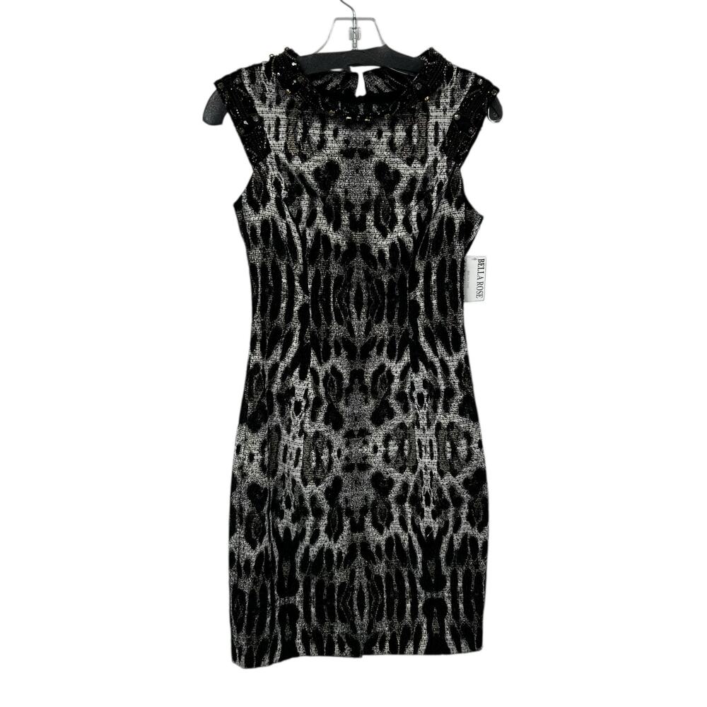 NWT Badgley Mischka Collection Ivory Black Animal Print Bead Neck Dress Womens 4